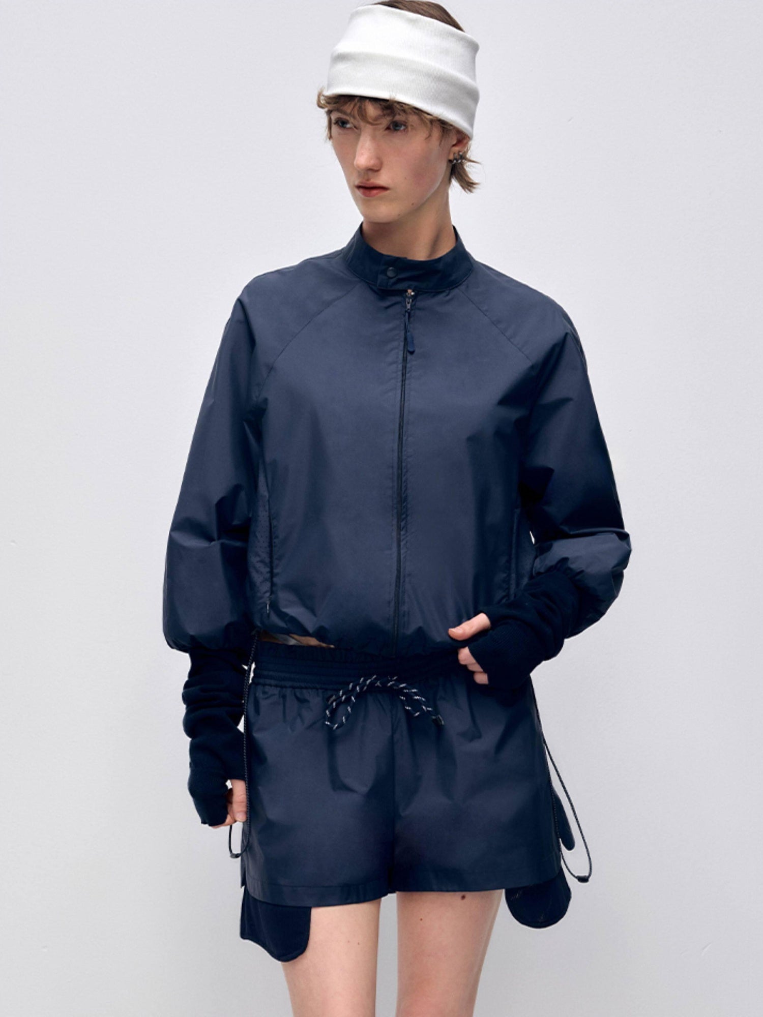 RUN TO THE FUTURE Polyester Two Piece Zip Stand Collar Casual Women Navy Green Short Trousers