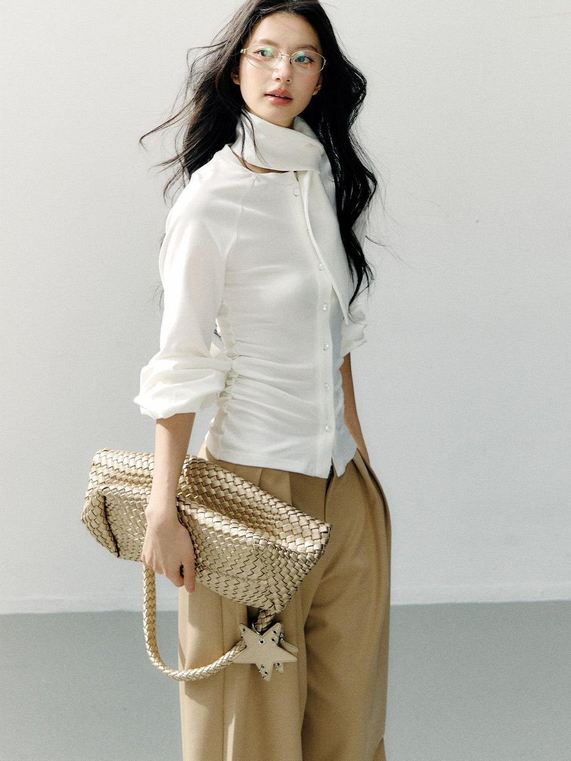 7Shiftin Cotton Bow Tie Fitted Waist Casual Cropped Long Sleeve Women White Blouses