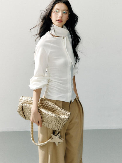 7Shiftin Cotton Bow Tie Fitted Waist Casual Cropped Long Sleeve Women White Blouses
