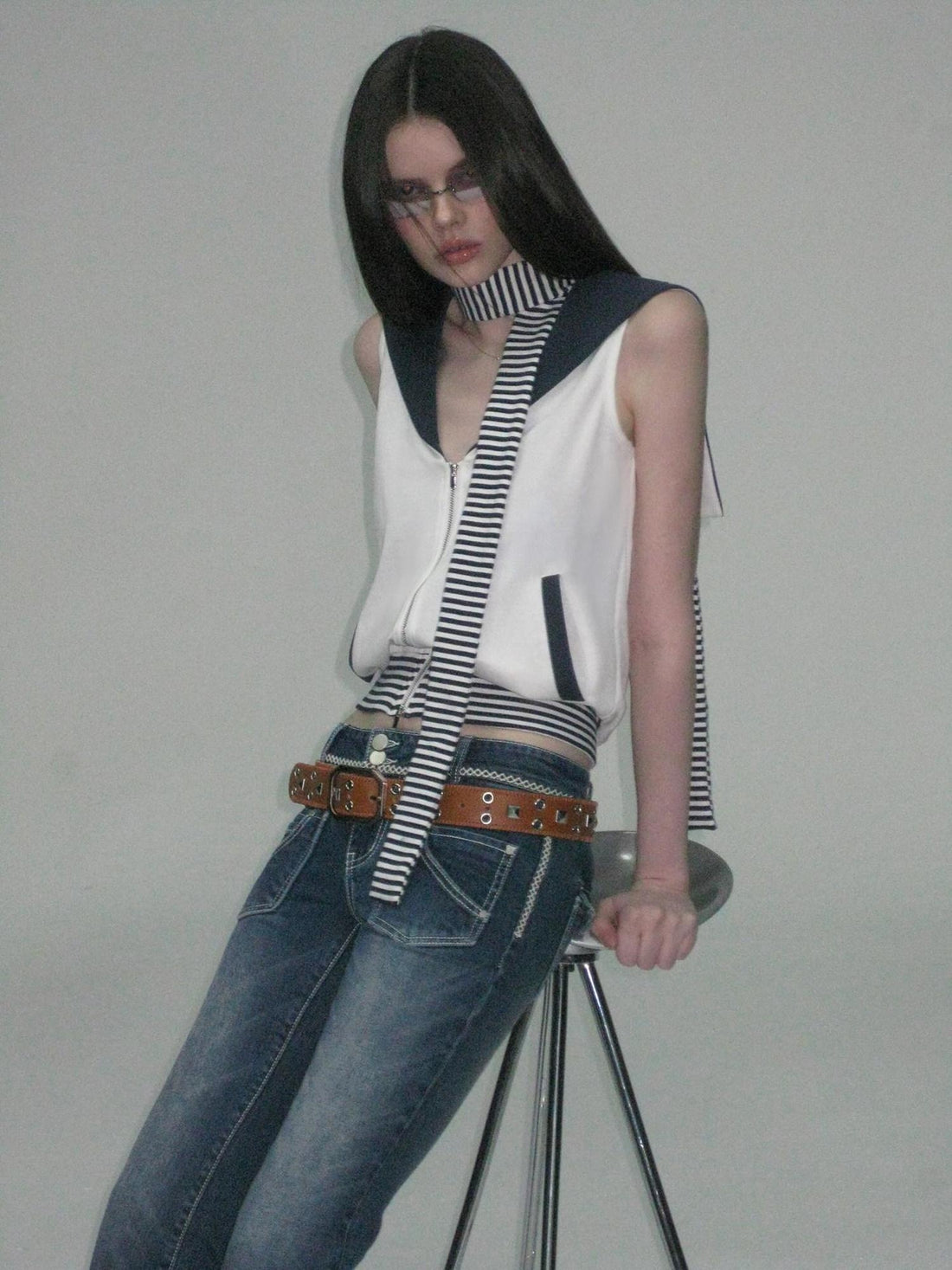 The NeverMore Breathable Cotton Blend Slim Fit Striped Zipper Front Women Casual Tank Tops