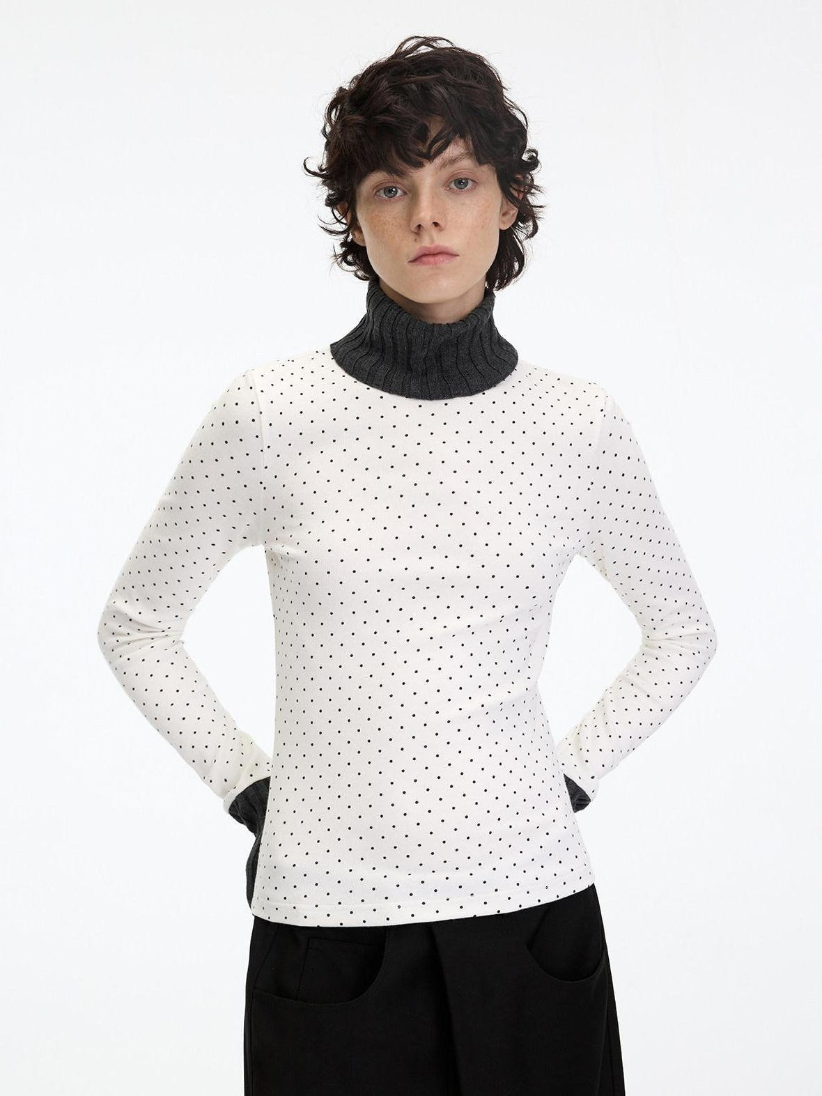 RUN TO THE FUTURE Polka Dot Patchwork High Neck Slim Fit Casual Women White Long Sleeve T-Shirts