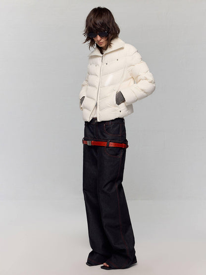 RUN TO THE FUTURE 90% White Duck Down Warm Short Straight Retro Cream Nylon Zipper Down Jackets
