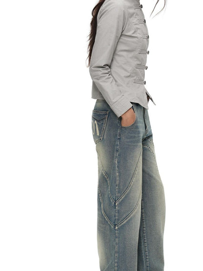 oinimi Star Gray Washed Napoleon Button Stand Collar Fitted Waist Women&