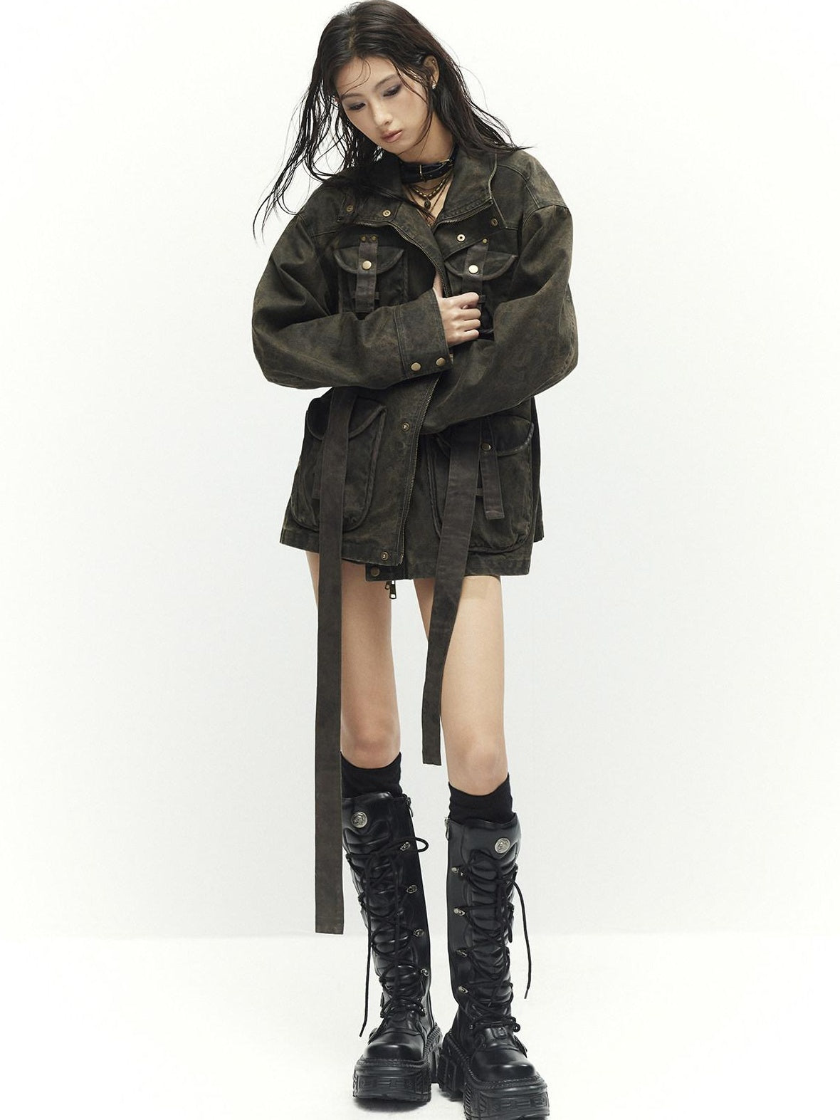 Low pixel Insulated Utility Slim Multi Pocket Stand Collar Women Cropped Jackets