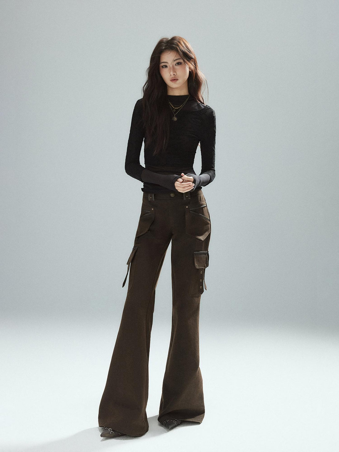 Low pixel Slim Low Rise Cotton Flare Street Style Zipper Brown Women Cargo Pants