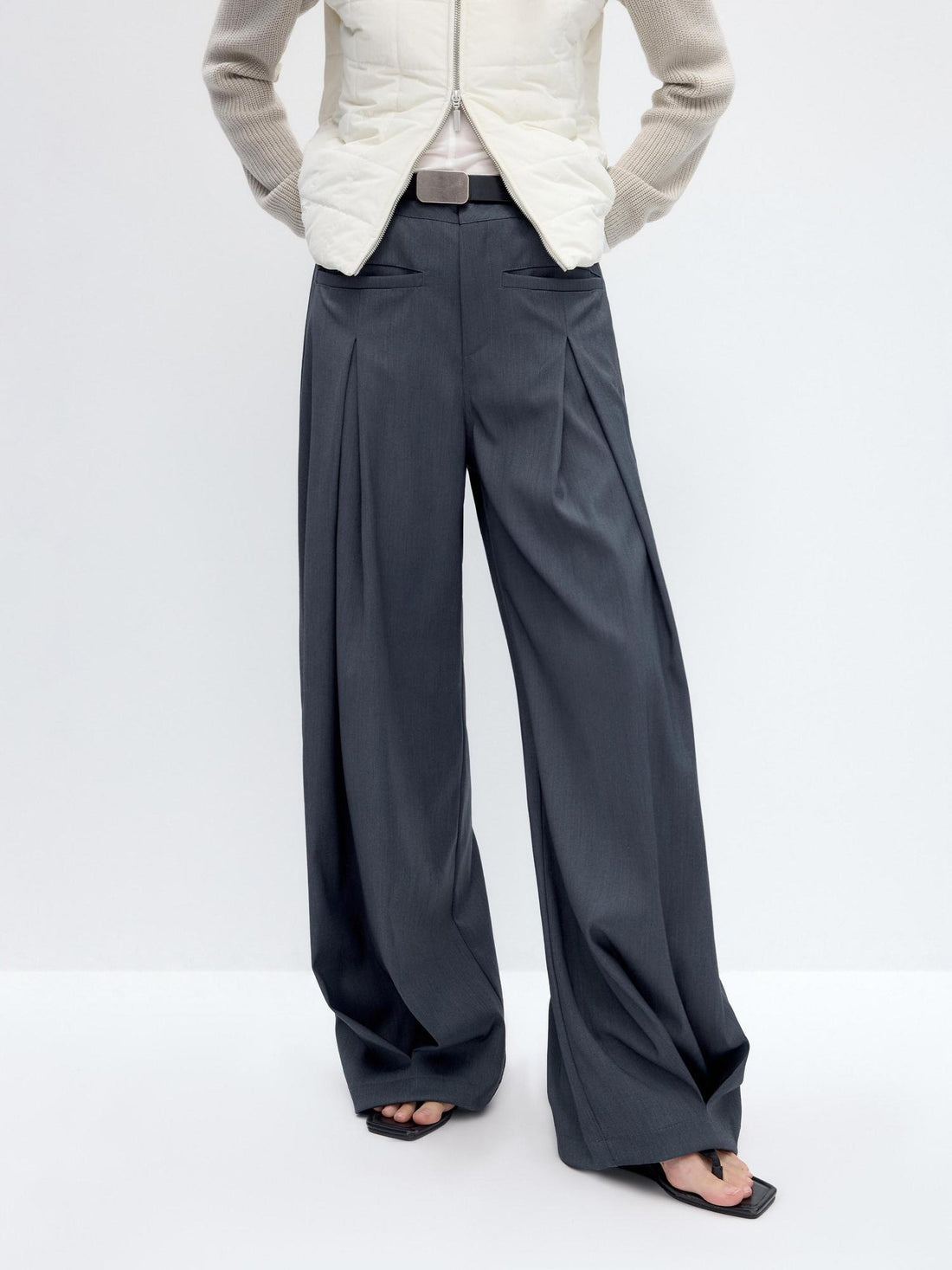 RUN TO THE FUTURE Pleated Low Waist Minimalist Loose Fit Women Vintage Green Wide-Leg Pants