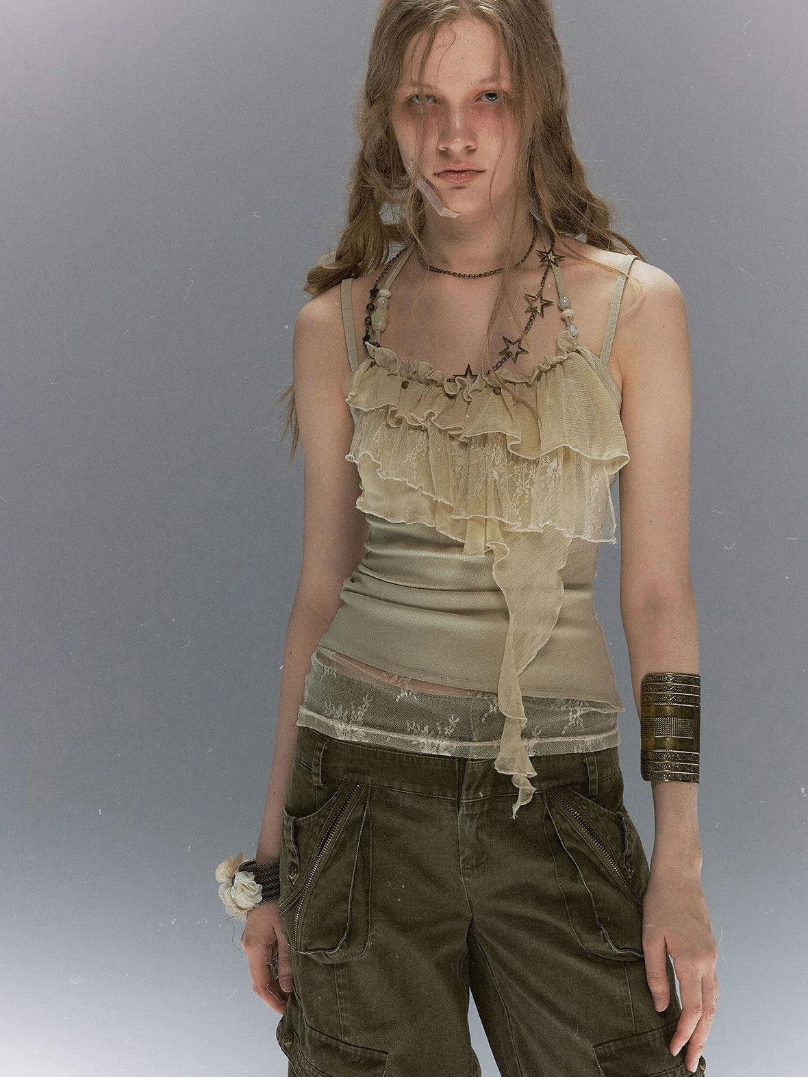 Cest Nous Leaf Tie Dye Beaded Lace V-neck Layered Ruffle Women&
