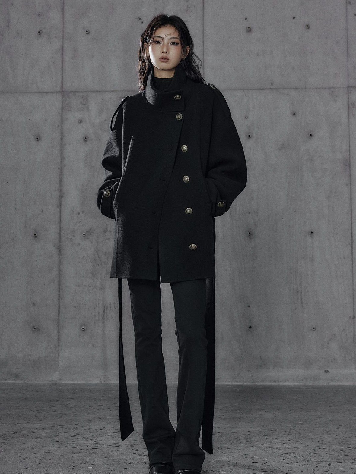 Low pixel Warm Oversized Street Midlength Notch Lapel Wool Cashmere Black Wool Coats