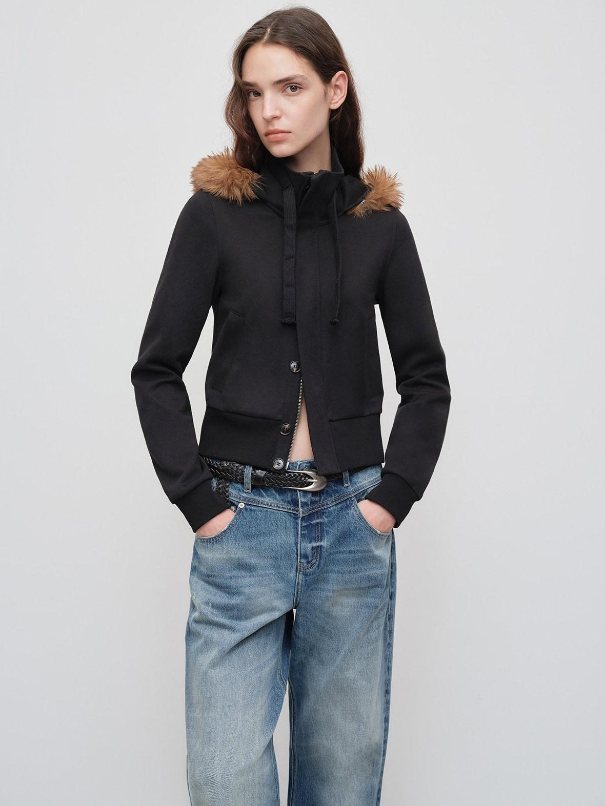 RUN TO THE FUTURE Slim Fit Hooded Button Front Cropped Commuter Women Casual Black White Hoodies