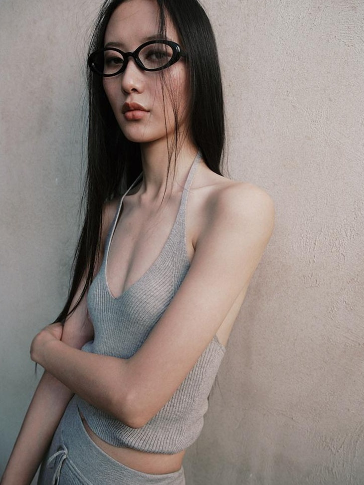 RUN TO THE FUTURE Original Design Viscose Blend Slim Fit Halter Cropped Women Solid Tank Tops