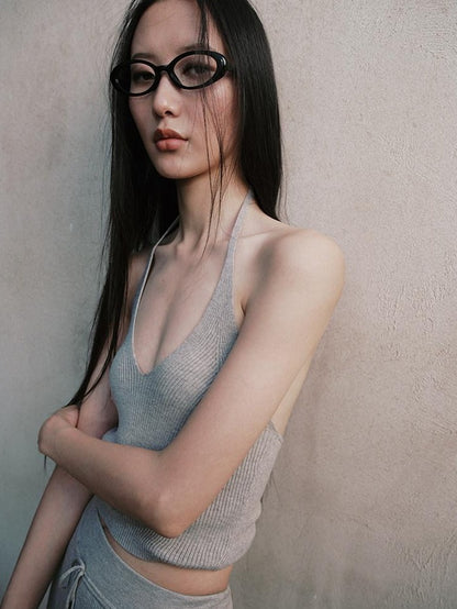 RUN TO THE FUTURE Original Design Viscose Blend Slim Fit Halter Cropped Women Solid Tank Tops