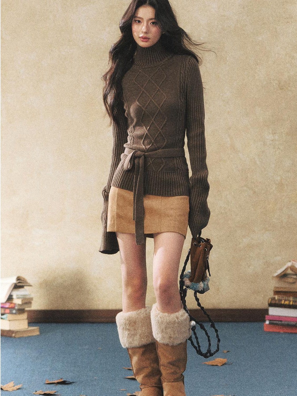 7Shiftin Cozy Belted High Neck Slim Fit Cable Diamond Knit Long Sleeve Women Sweaters