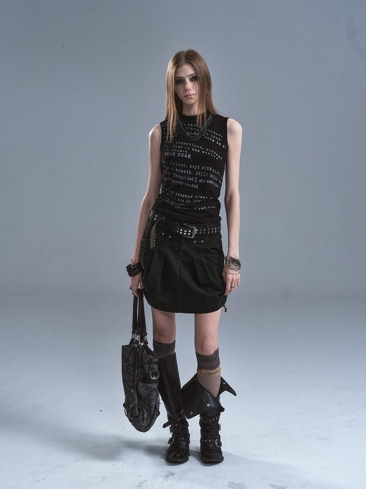 wear And tear Dark Green Riveted Side Drawstring Split Lace Up Women&