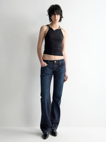 RUN TO THE FUTURE Durable Low Rise Slim Fit Casual Dark Denim Zipper Fly No Stretch Straight Jeans