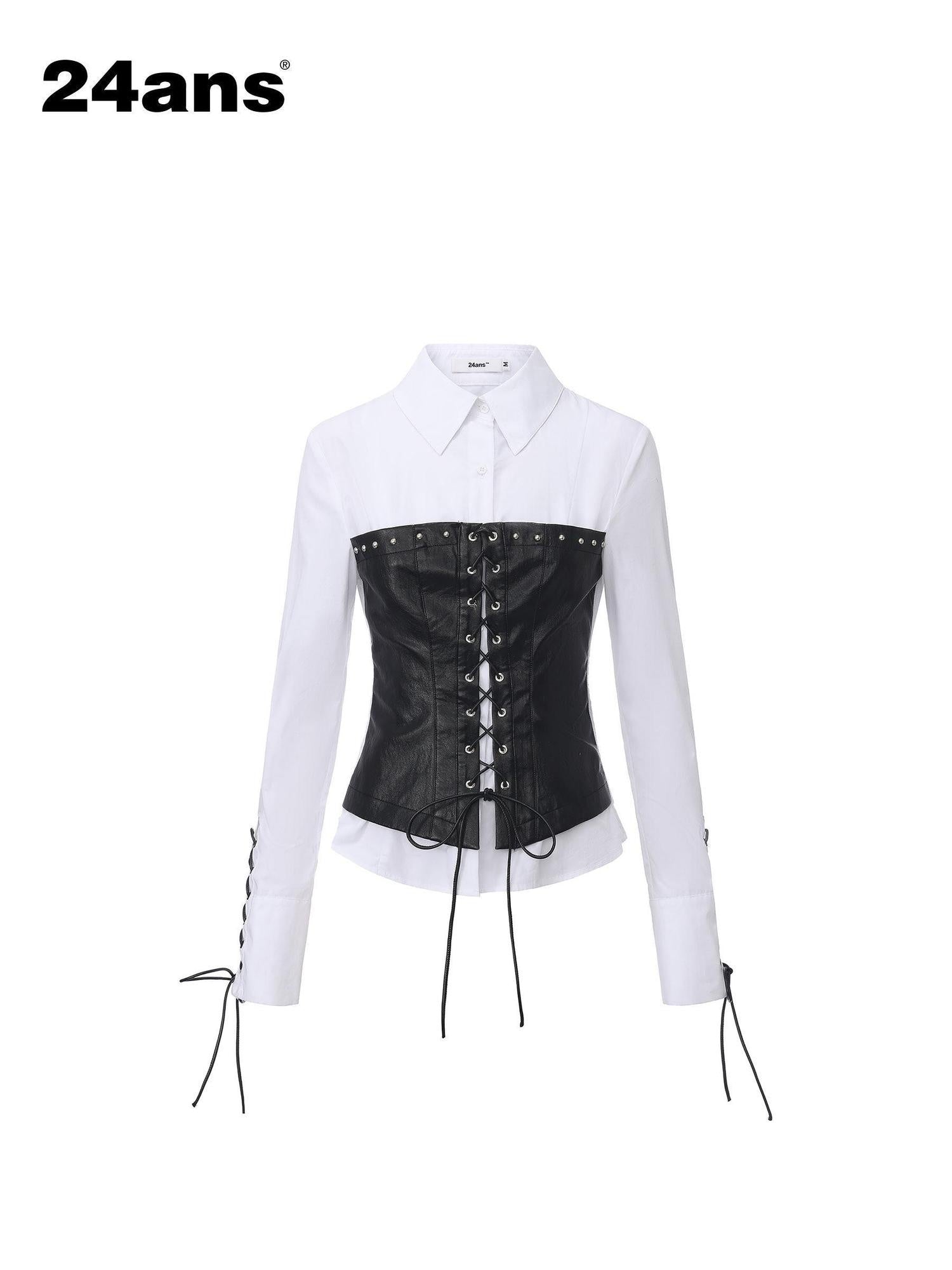 24ans Wrinkle Resistant Punk Slim Patchwork Women Long Sleeve Turn Collar Shirts