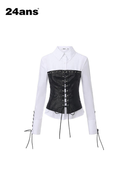 24ans Wrinkle Resistant Punk Slim Patchwork Women Long Sleeve Turn Collar Shirts