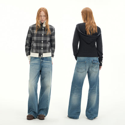 RUN TO THE FUTURE Washed Cotton Casual Natural Waist Topstitch Women Denim Blue Wide-Leg Jeans