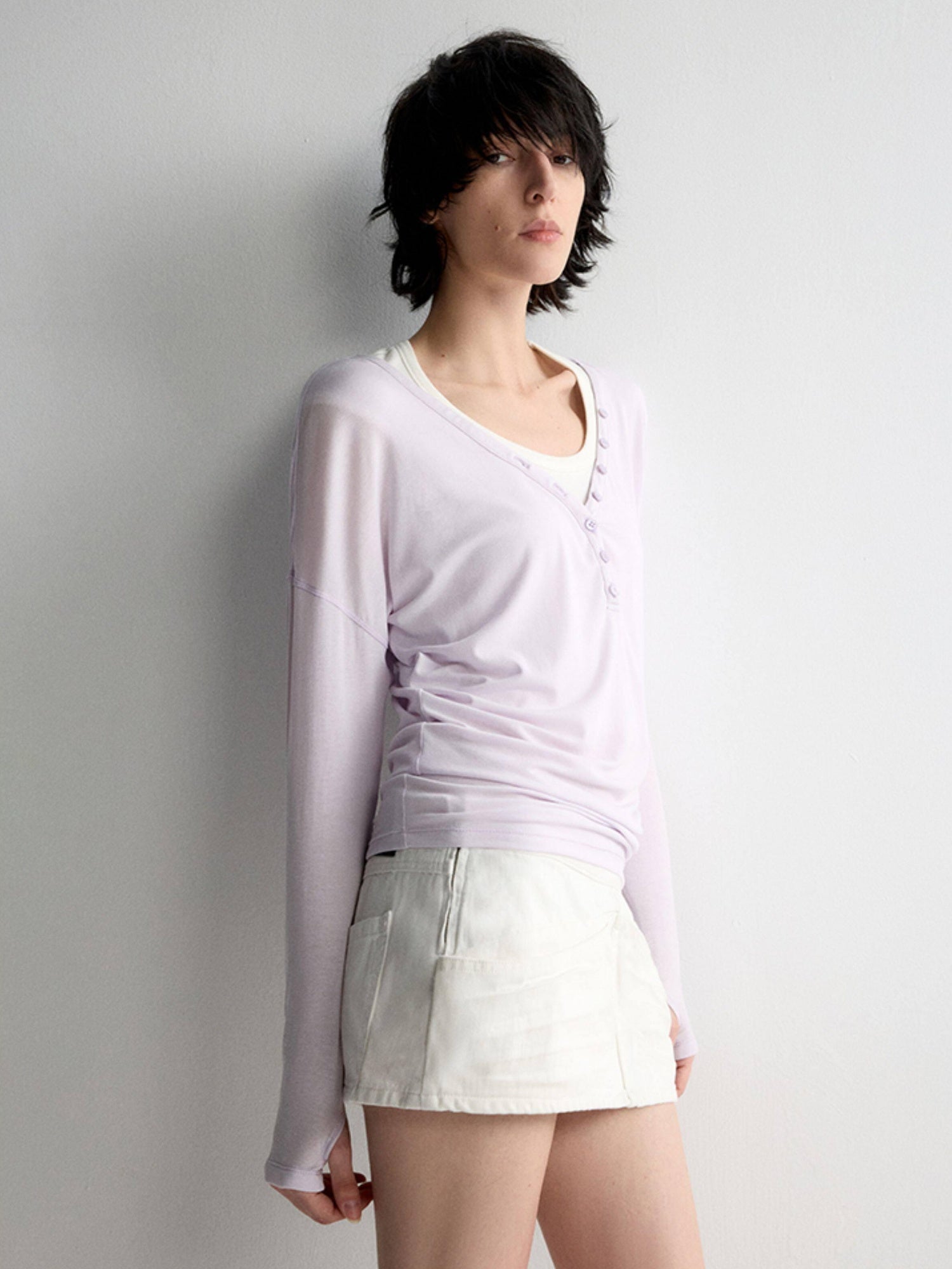 RUN TO THE FUTURE Breathable Lyocell Linen Vneck Slim Casual Women Lilac Long Sleeve T-Shirts