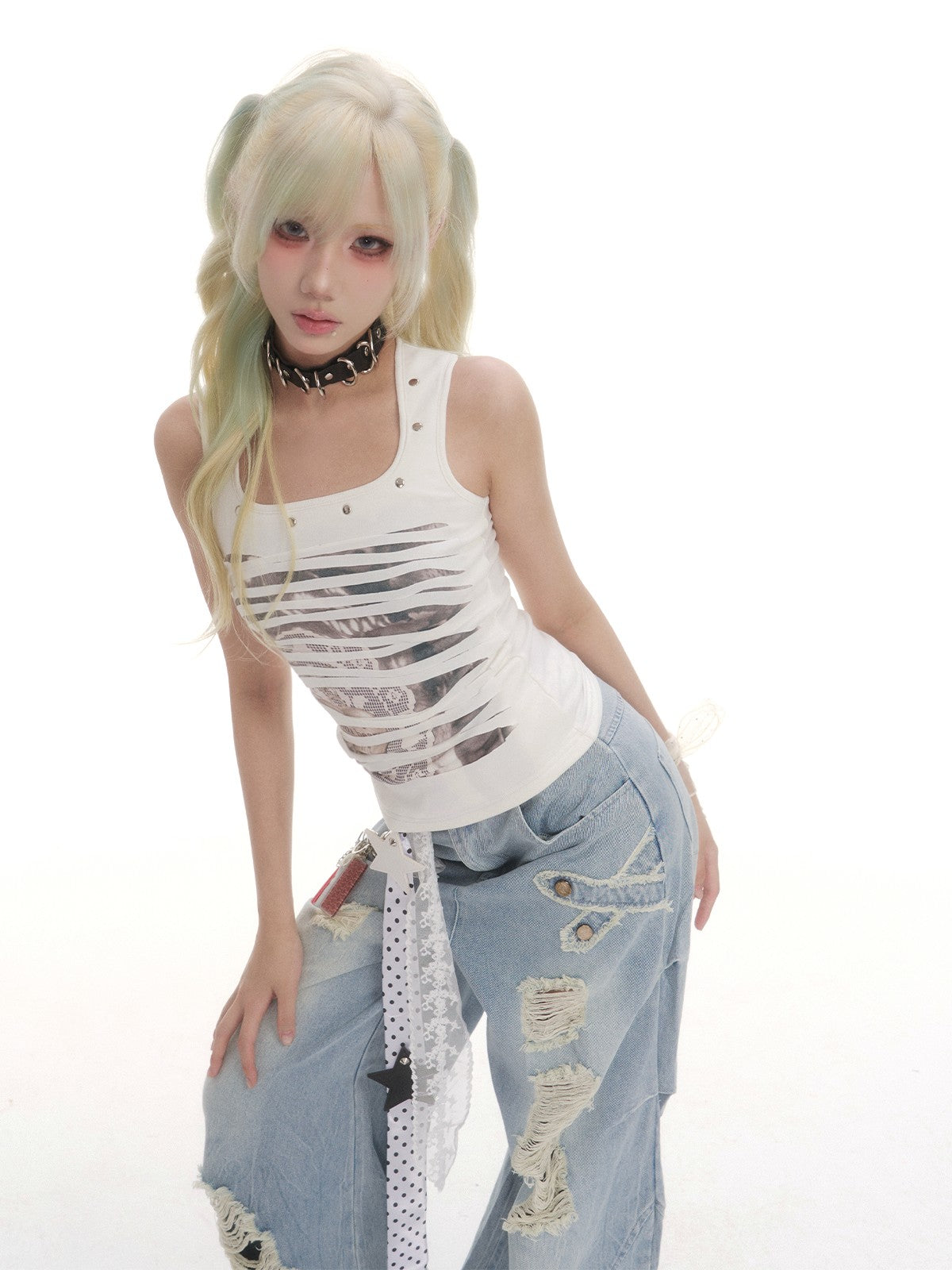 Frustration Garden Ripped Print Studded Irregular Double Layer Crop Slim U Neck Women&