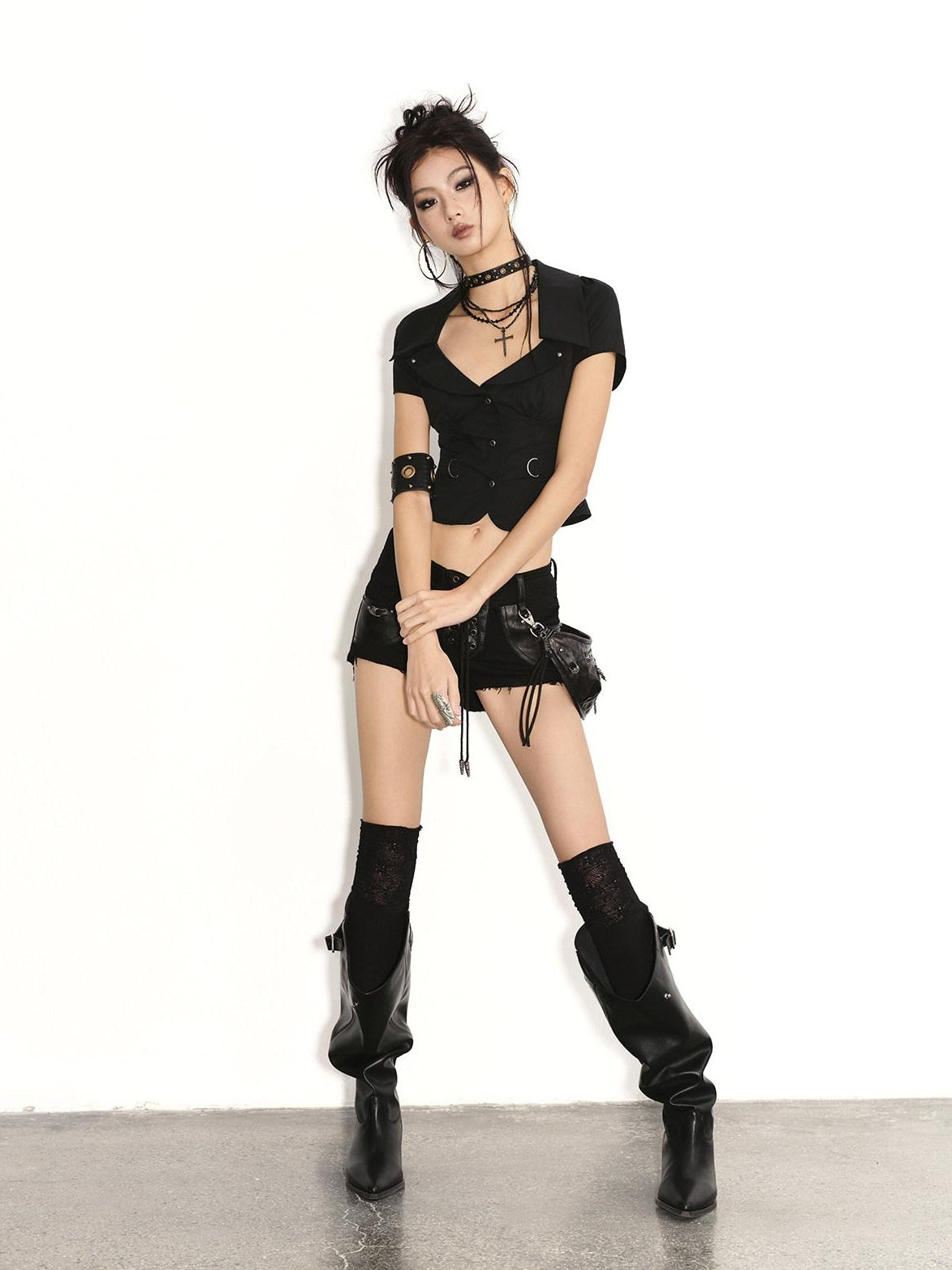 Low pixel Stretch Cotton Gothic Panel Slim Mid Low Rise Drawstring Black Women Mini Shorts