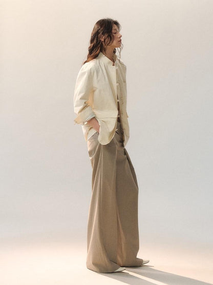 AnnoMundi 100 Percent Cotton Chinese Loose Fit Women Casual Beige Overshirts