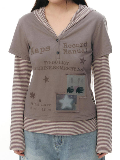 NAPSNAPS Striped Patchwork Letter Print Hooded Women&