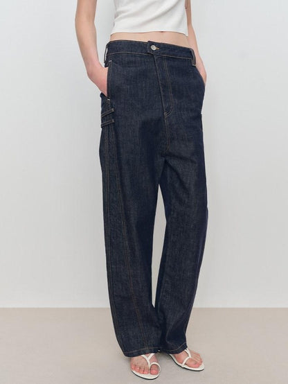 RUN TO THE FUTURE Durable Low Rise Loose Fit Casual Solid Dark Denim No Stretch Straight Jeans