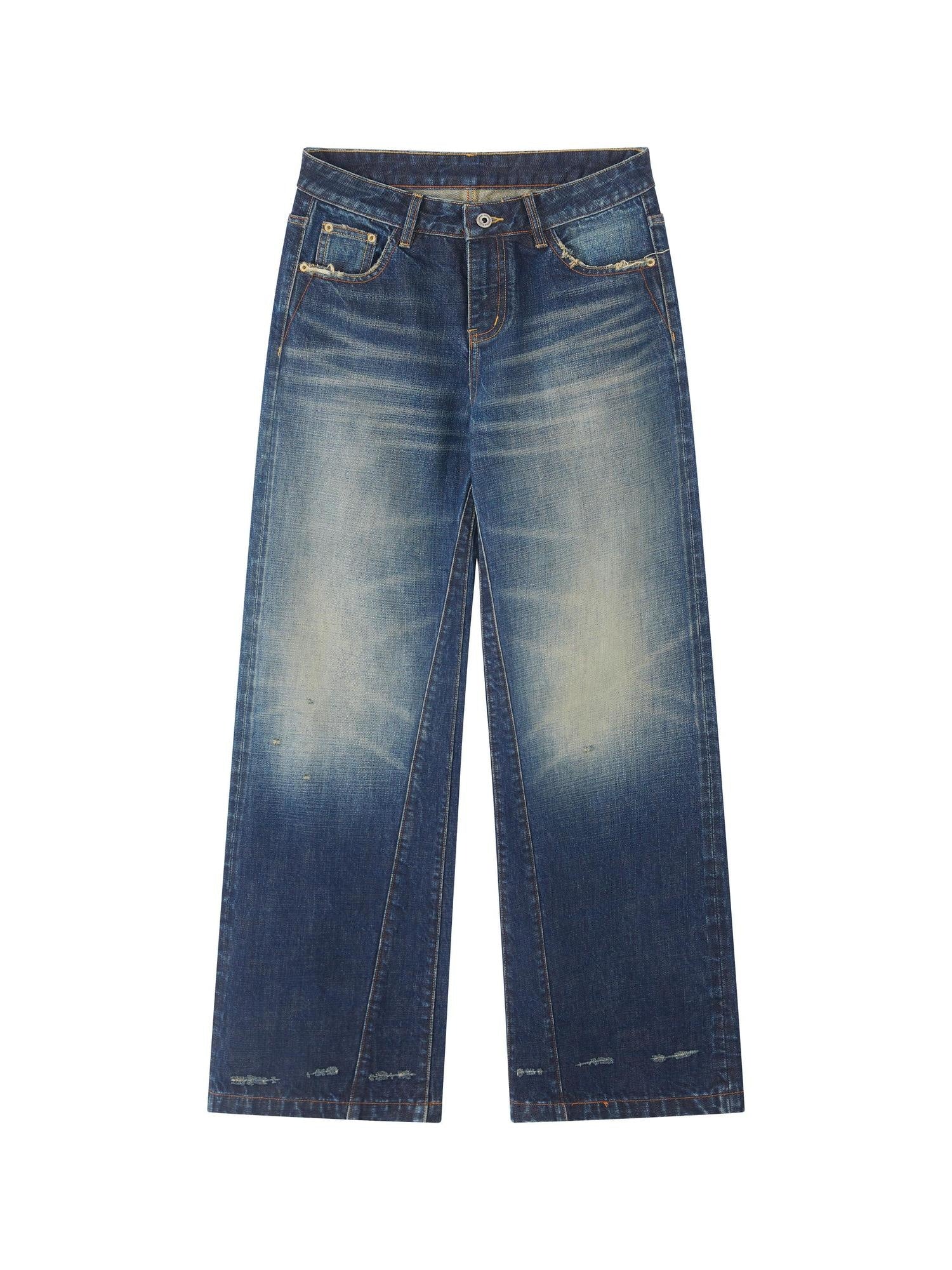 RUN TO THE FUTURE Washed Deep Navy Low Rise Loose Fit Casual Denim Wide Leg Straight Jeans