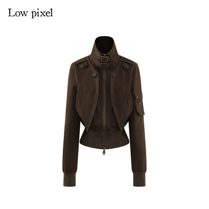 Low pixel Slim Waist Dark Gothic Cotton Zip Stand Collar Long Sleeve Women Cropped Jackets