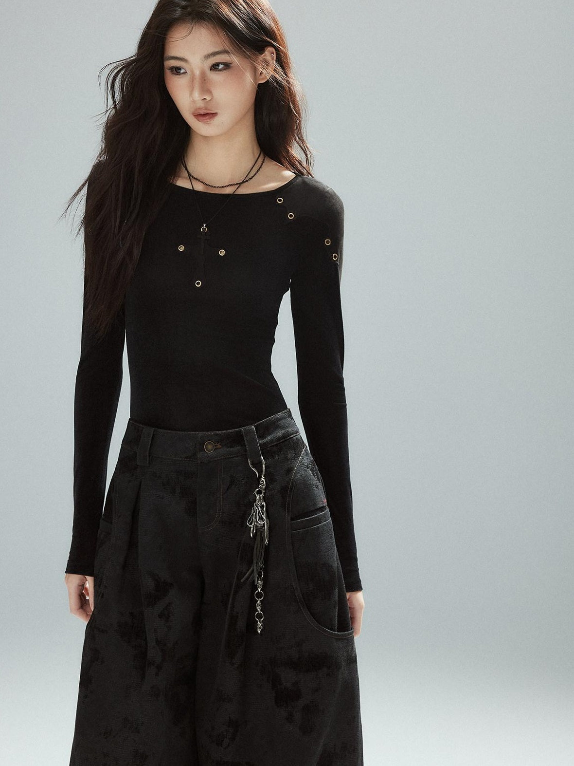 Low pixel Slim Fit Patchwork Casual Crewneck Black Stretch Young Women Long Sleeve T-Shirts