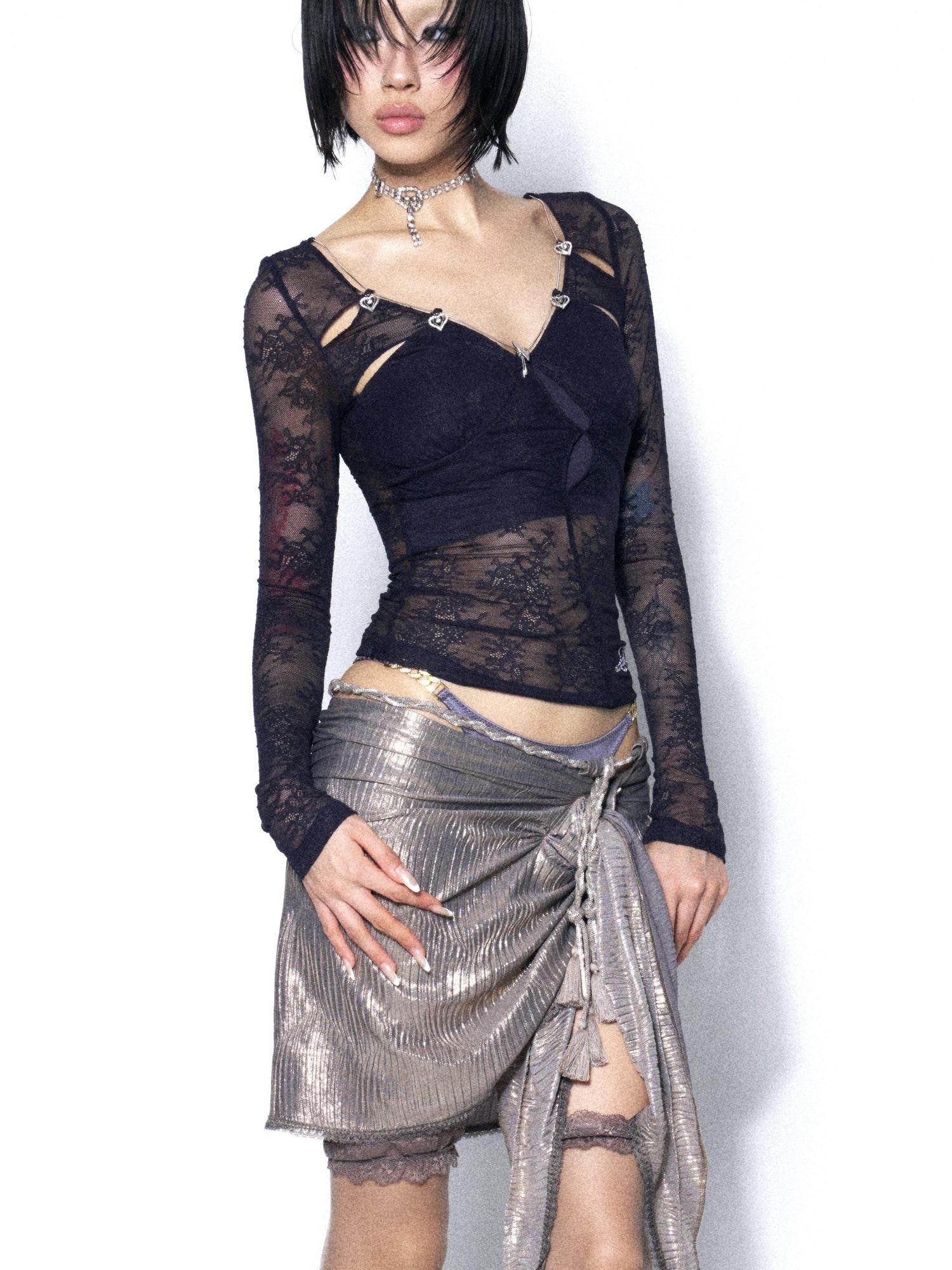 OPEN AESTHETIC Dark Blue Purple Lace Cutout Heart Women&