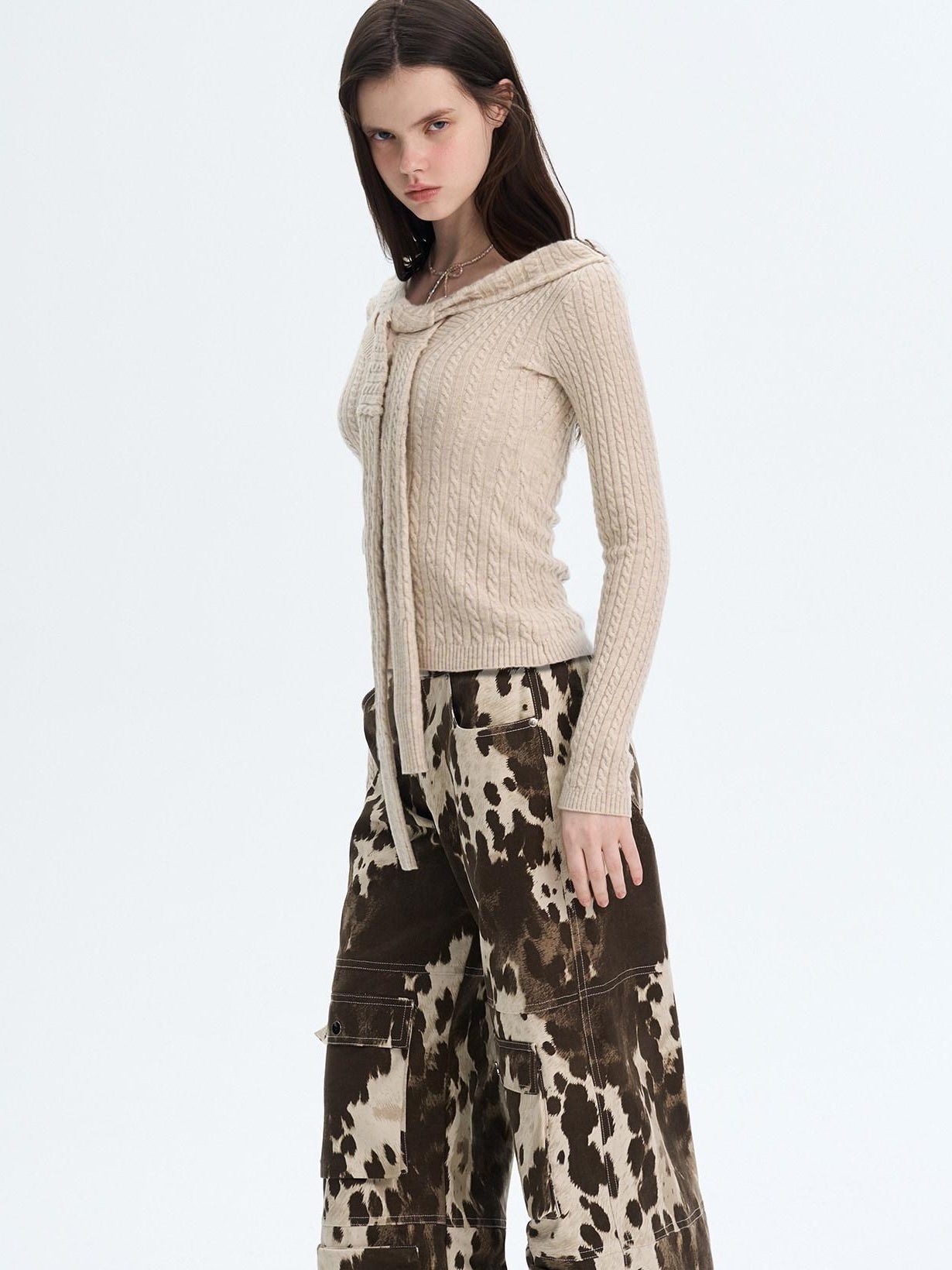 The NeverMore Khaki Wool Blend Slim Fit Layered Tie Detail Off Shoulder Pullover Sweaters