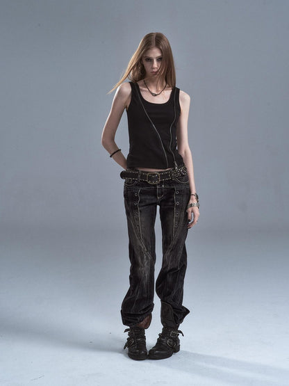 wear And tear Printed Camo Black Diagonal Zip Two Way Cinched Waist Women&