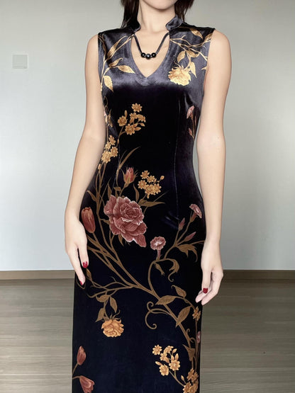 Wet Tail Breathable Floral Cheongsam Vintage Long Sleeve Everyday Casual Maxi Dresses