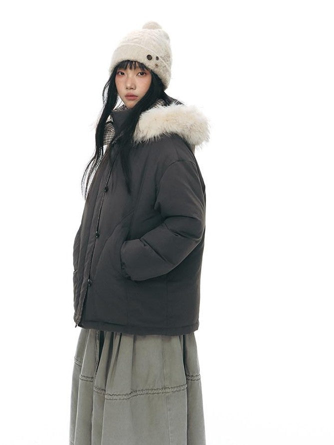 NAPSNAPS White Fur Hooded Double Collar Faux Two Piece Women&