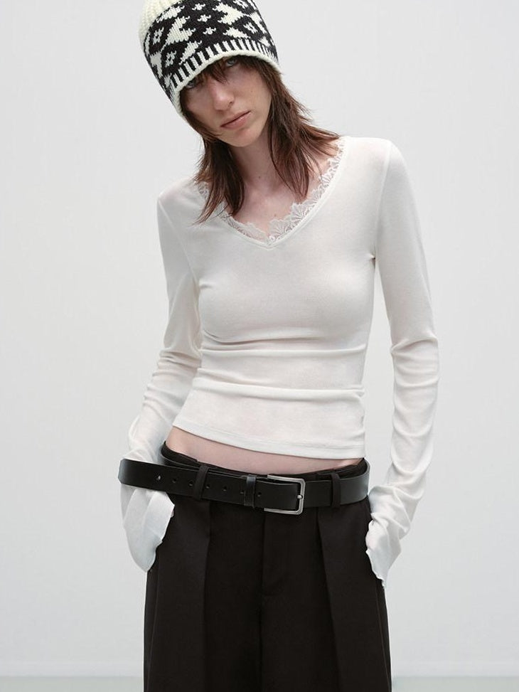RUN TO THE FUTURE Lyocell Wool Moisture Wicking Slim V-neck Lace Trim Women Long Sleeve T-Shirts