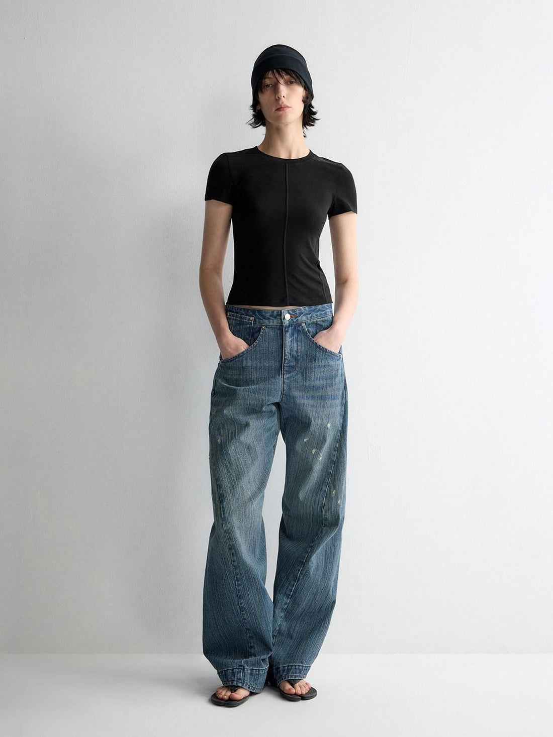 RUN TO THE FUTURE Ripped Washed Durable Low Rise Relaxed Fit Vintage Blue Wide-Leg Jeans