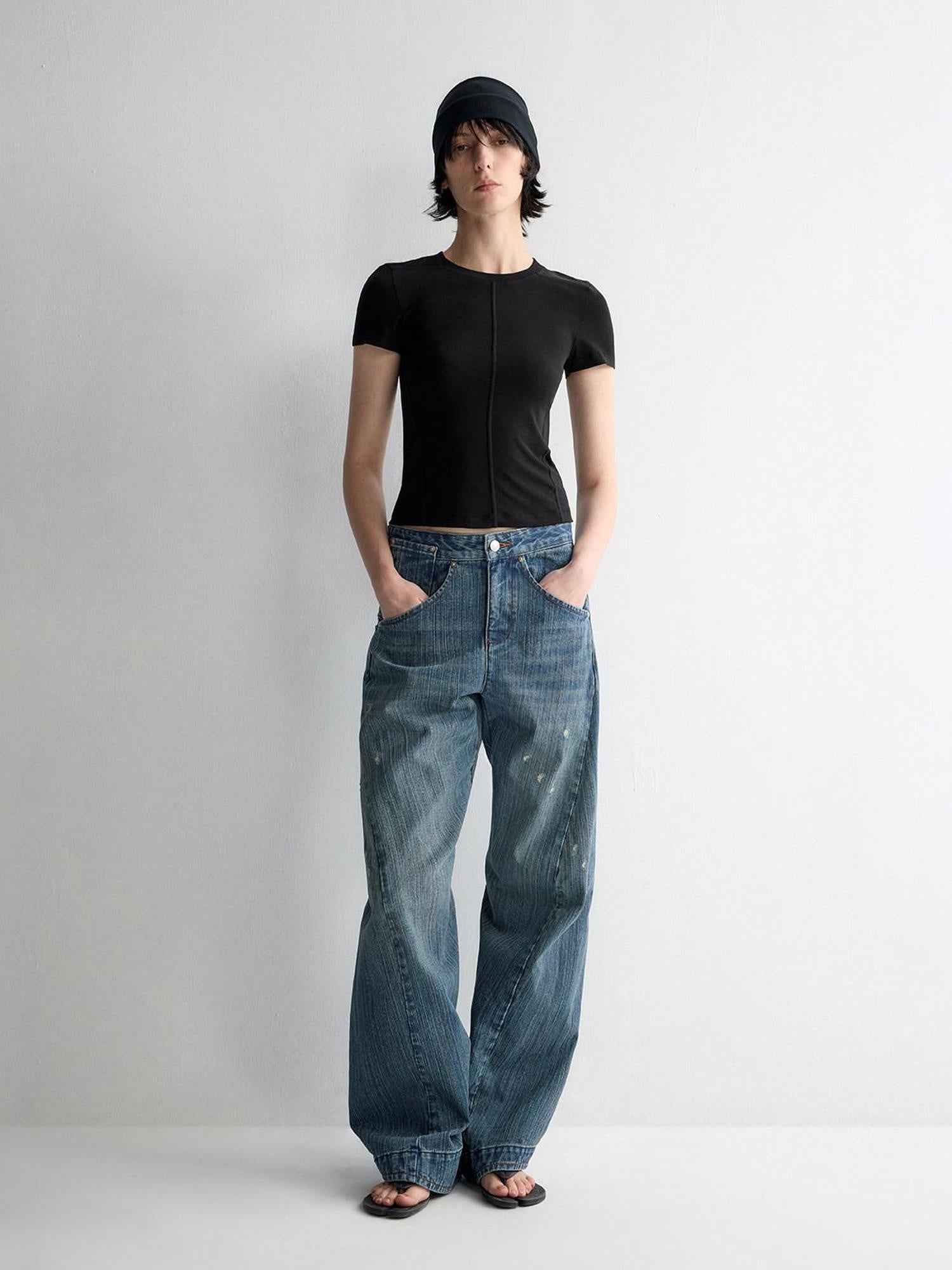RUN TO THE FUTURE Ripped Washed Durable Low Rise Relaxed Fit Vintage Blue Wide-Leg Jeans