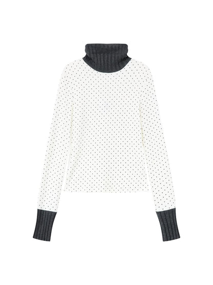 RUN TO THE FUTURE Polka Dot Patchwork High Neck Slim Fit Casual Women White Long Sleeve T-Shirts