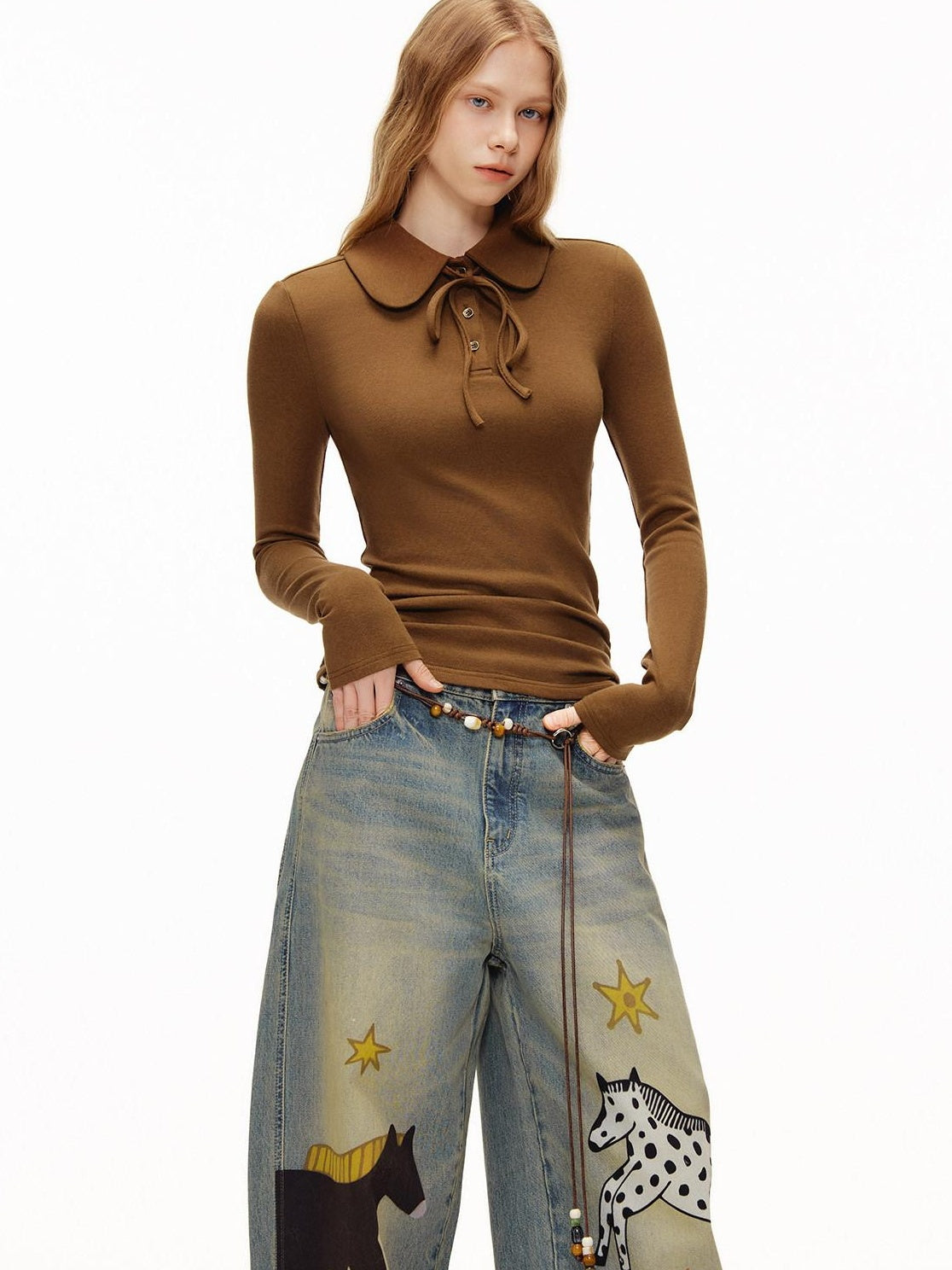 OuttheBlue Viscose Wool Stretch Slim Fit Henley Neck Women Cocoa Long Sleeve T-Shirts