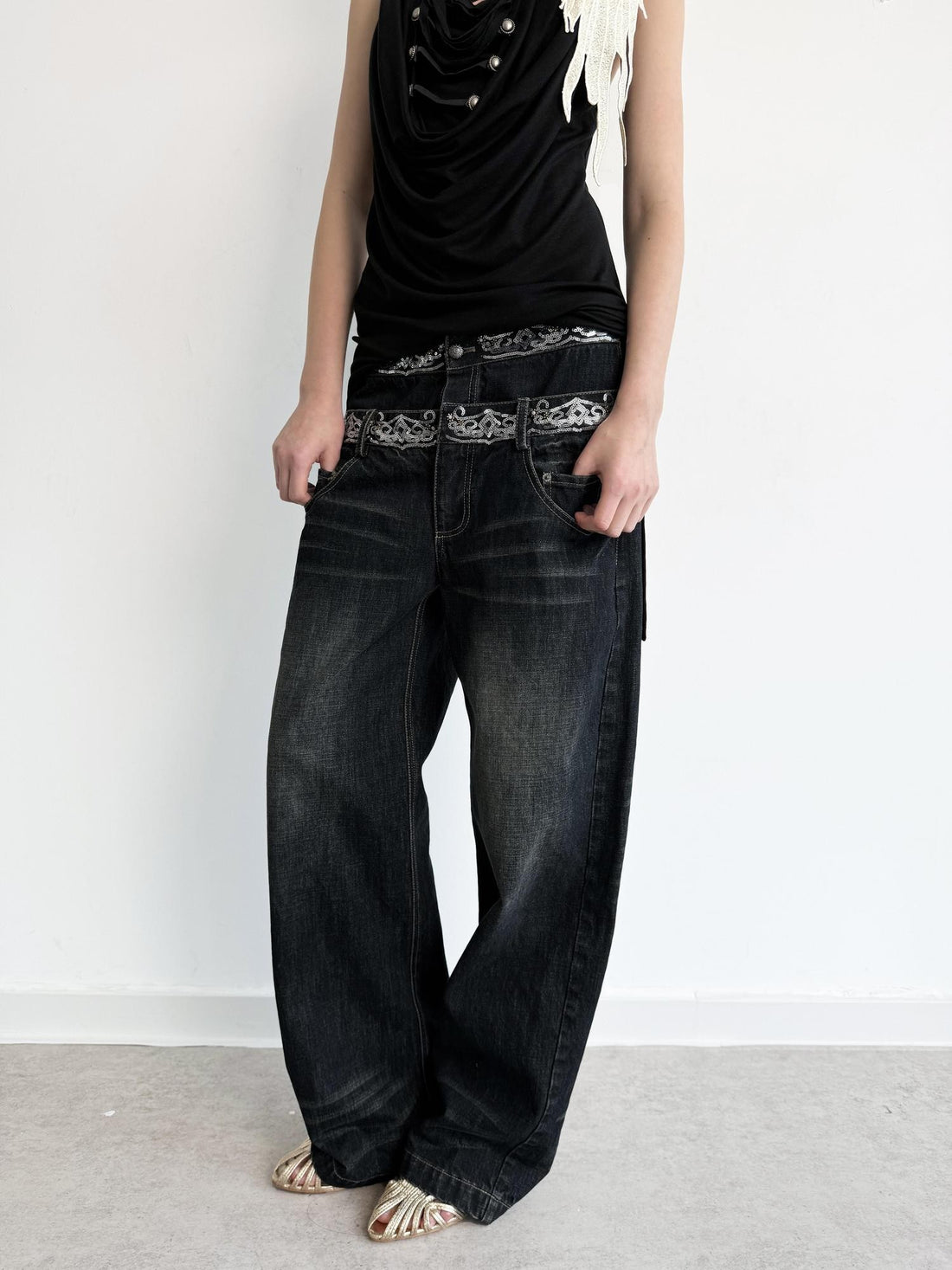 DoublePunch Sequin Embroidered Double Waistband Curved Cut Women&