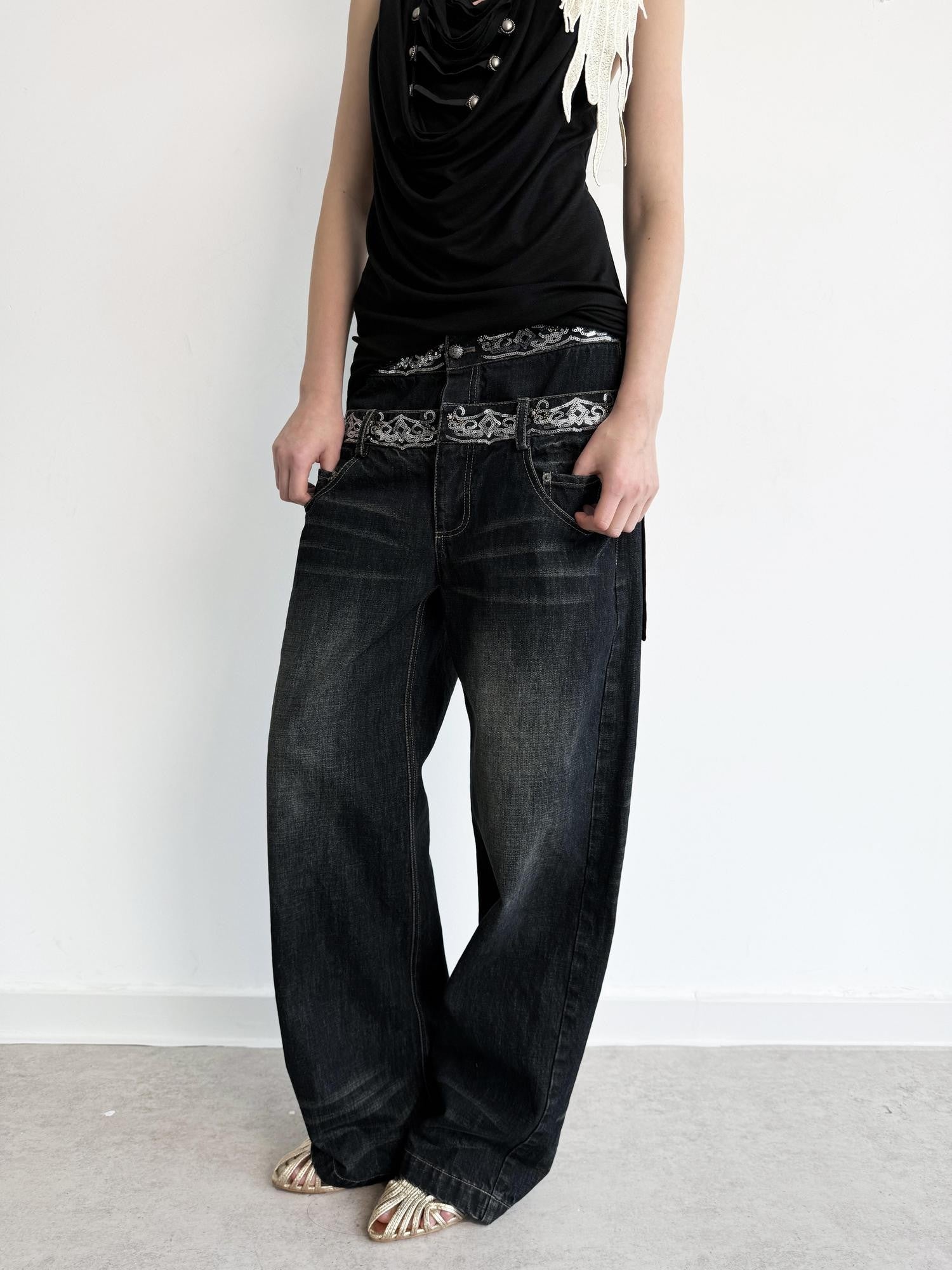DoublePunch Sequin Embroidered Double Waistband Curved Cut Women&