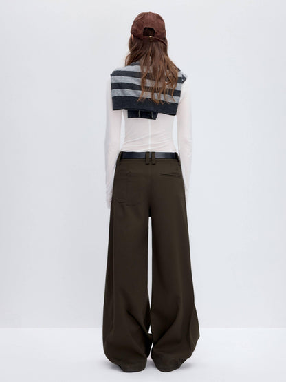 RUN TO THE FUTURE Pleated Low Waist Minimalist Loose Fit Women Vintage Green Wide-Leg Pants