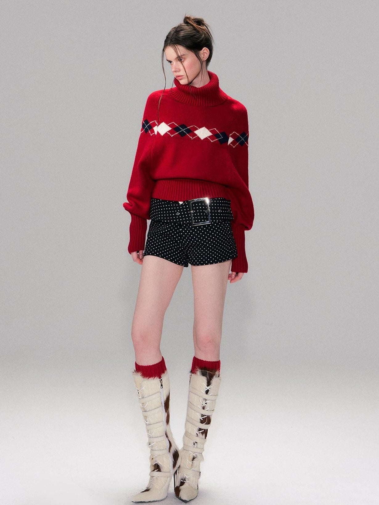 The NeverMore Warm Wool Pullover Vintage Jacquard Cape Batwing Women High Neck Red Sweaters