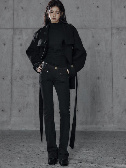 Low pixel Warm Oversized Street Midlength Notch Lapel Wool Cashmere Black Wool Coats