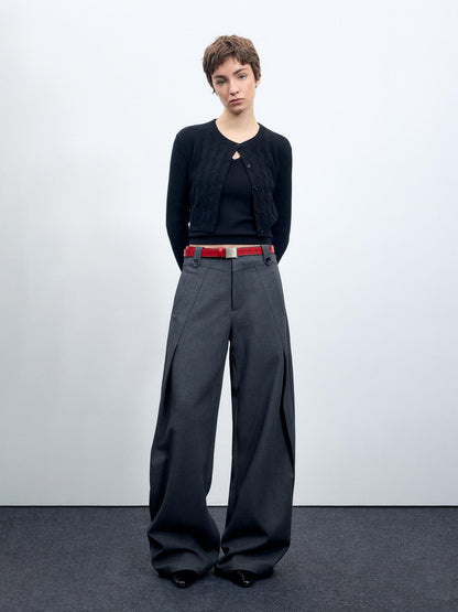 RUN TO THE FUTURE Flattering Mid Rise Minimalist Straight Cut Office Gray Black Wide-Leg Pants