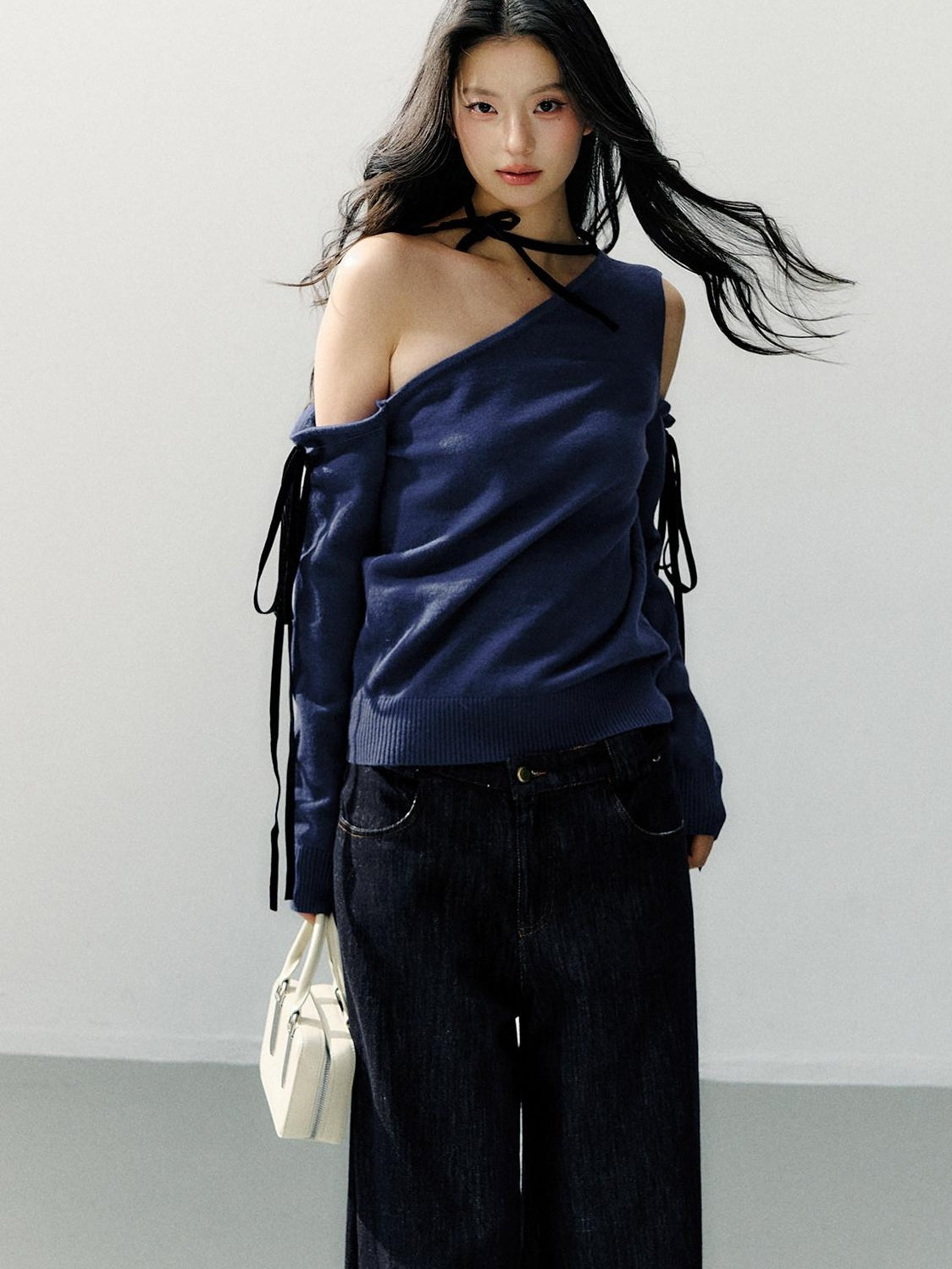 7Shiftin Cozy Casual Loose Backless Women Knit Pullover Blue Long Sleeve Sweaters