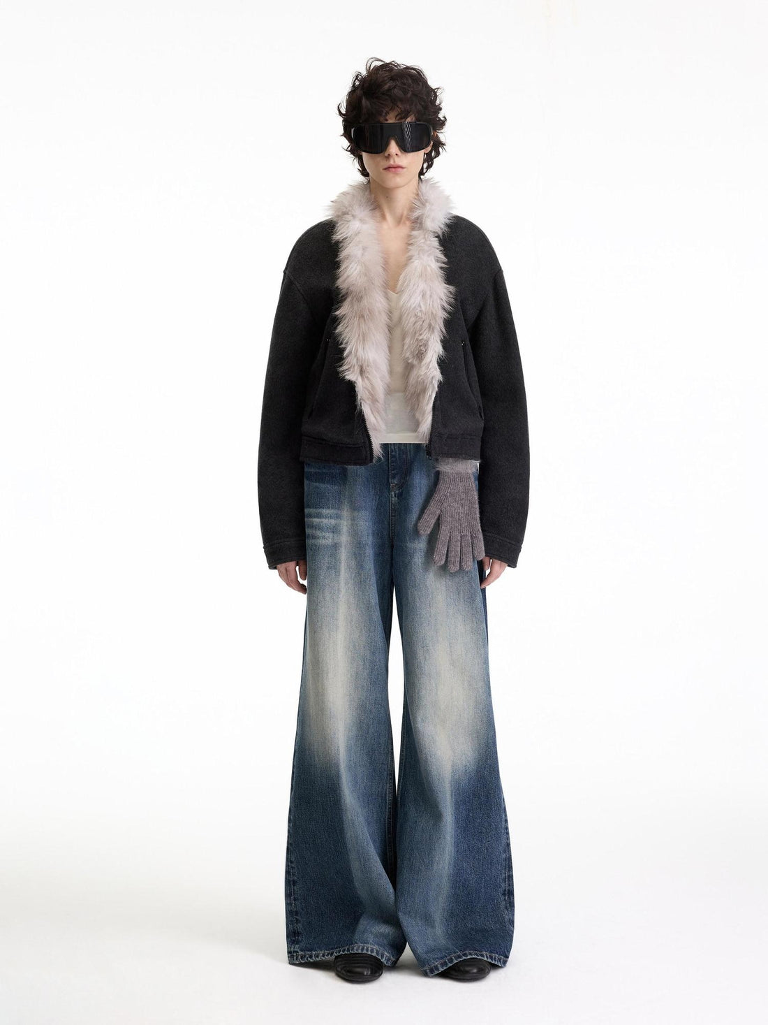 RUN TO THE FUTURE Warm Thick Patchwork Casual Zip Front Fur Collar Women Black Cardigans