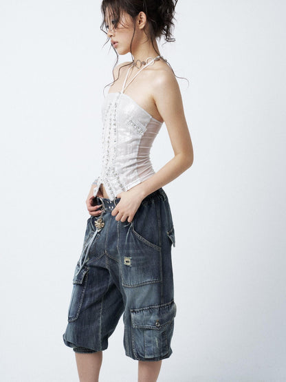 OPEN AESTHETIC Waterwashed Distressed Rhinestone Women&