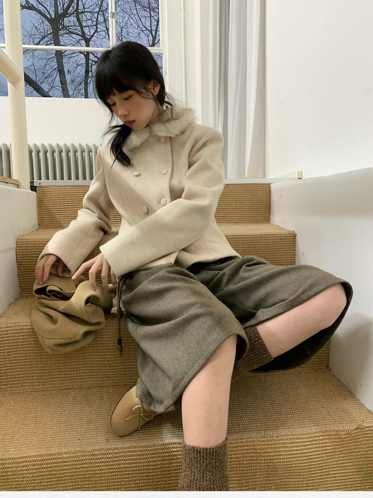 Dorydory Faux Fur Collar Double Breasted Straight Cut Women&